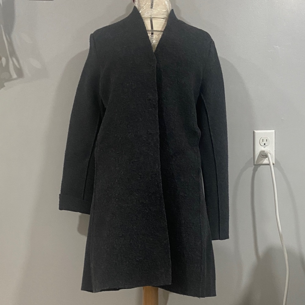 Women's Dark Gray Wool Blend Coat - Classic Open Front